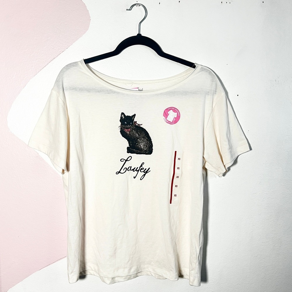 Laufey Graphic T-Shirt Women's XS Black Cat Cream Off Shoulder